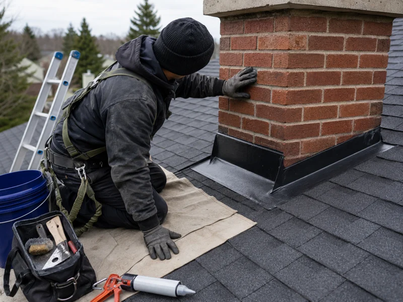 Worker kneeling on shingled roof repairing brick chimney flashing with caulking gun and tools – chimney repair