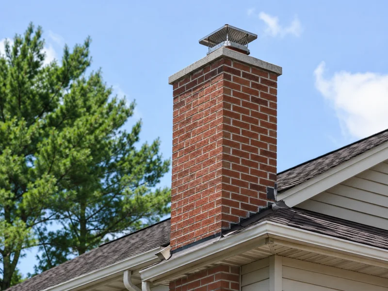 Close-up of red brick chimney on a residential roof with a stainless steel chimney cap – chimney caps