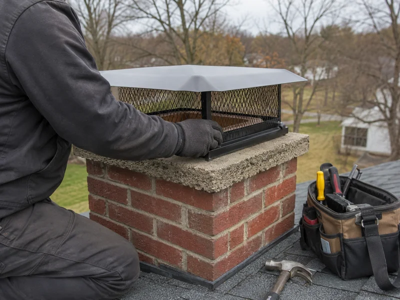 Technician installing a metal chimney cap on a residential brick chimney during chimney caps service