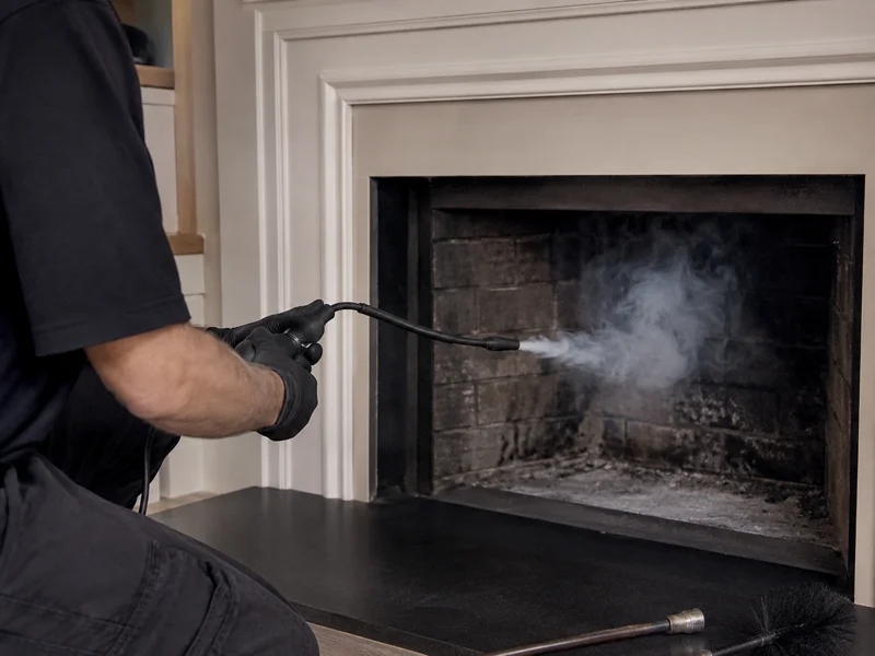 Technician wearing gloves uses sprayer to clean inside brick fireplace during fireplace cleaning