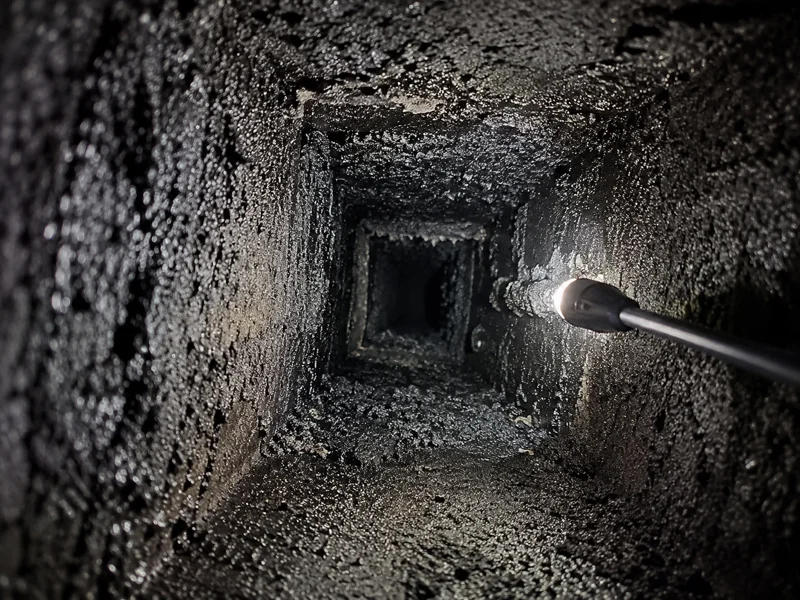Interior view of sooty chimney flue illuminated during chimney inspection