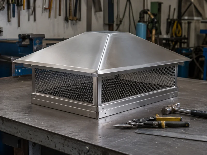 Stainless steel chimney cap on metal workbench with tools, showcasing custom chimney caps fabrication