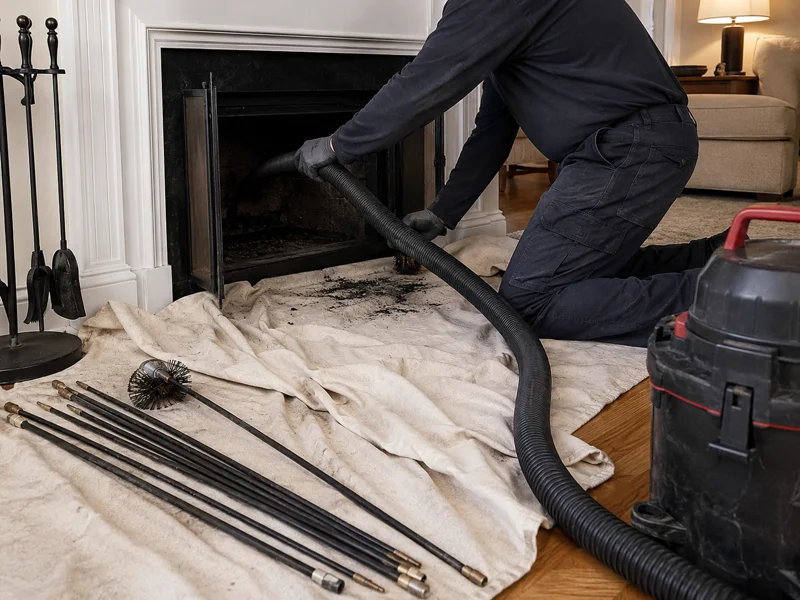 Technician using vacuum hose and chimney brush rods to remove soot from fireplace opening during a Chimney sweep