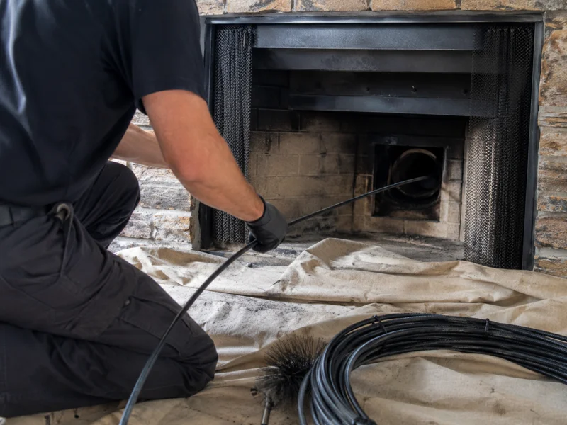 Technician kneeling in front of fireplace performing chimney sweep with flexible rod and brush equipment