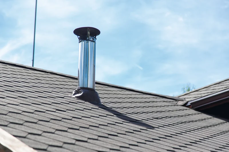 Stainless steel chimney liners protruding through asphalt shingle roof