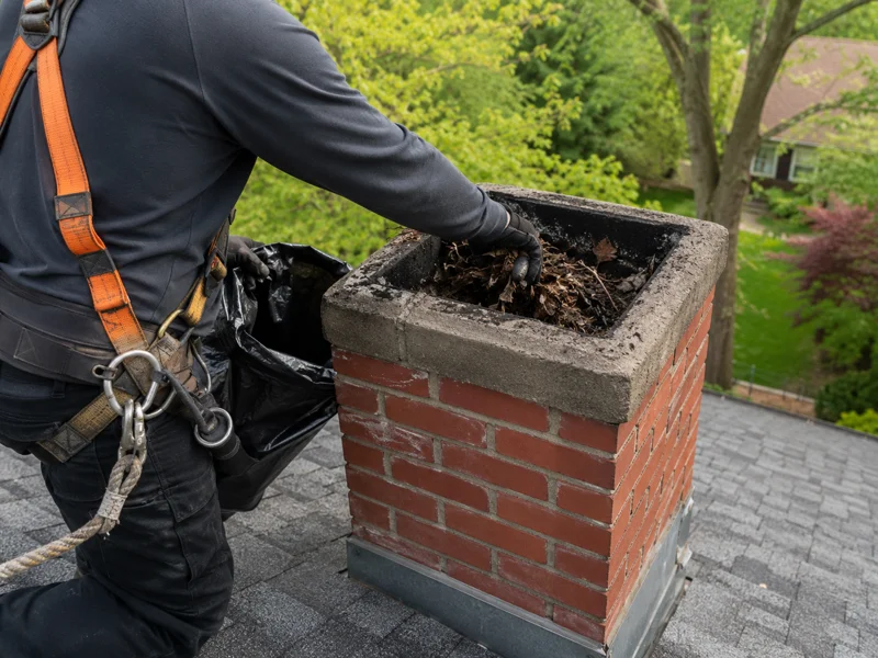 Technician performing Chimney blockage removal by clearing leaves and debris from a brick chimney opening