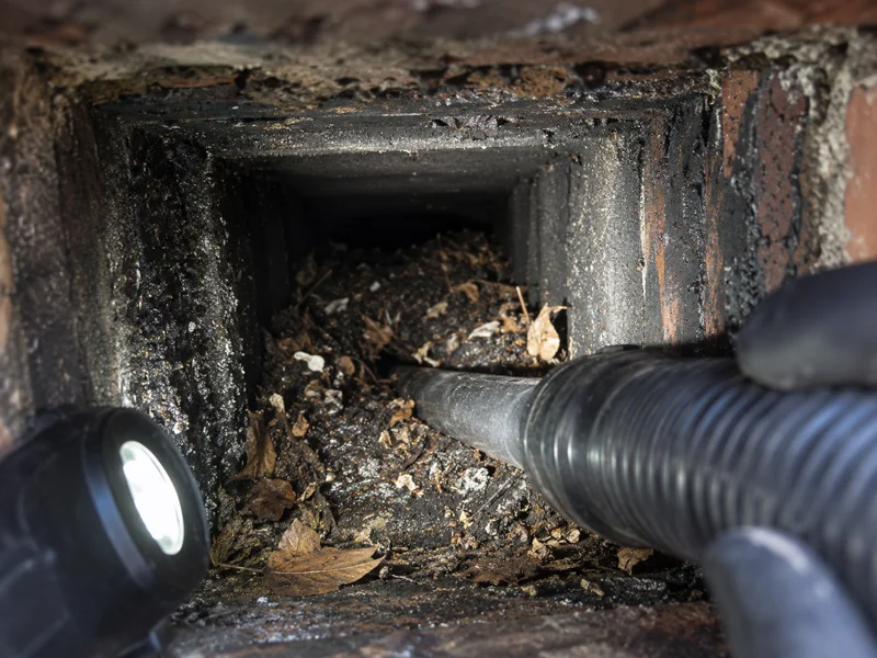 Vacuuming leaves and debris from a chimney flue interior – Chimney blockage removal
