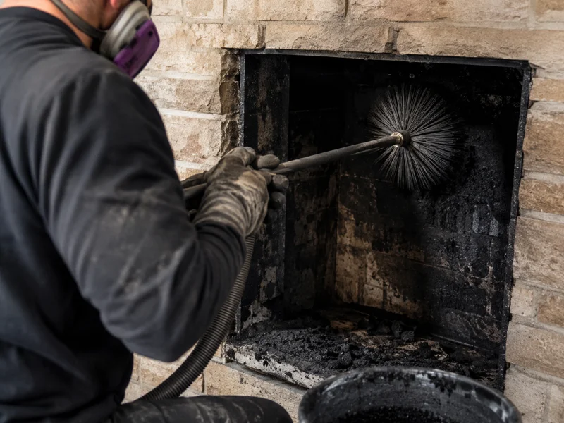 Chimney sweep using rotary brush and vacuum to clear soot from masonry fireplace flue