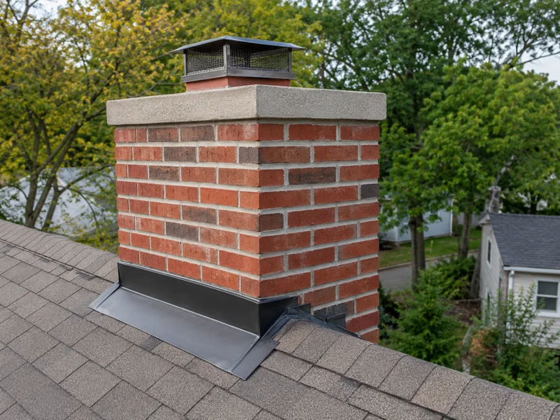 Brick chimney topped with stainless steel cap and sealed roof flashing for Chimney caps
