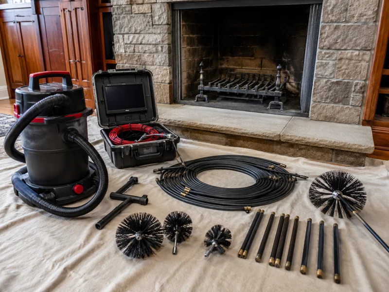 Chimney inspection equipment arranged on floor with shop vacuum, inspection camera, coiled rods and assorted chimney brushes