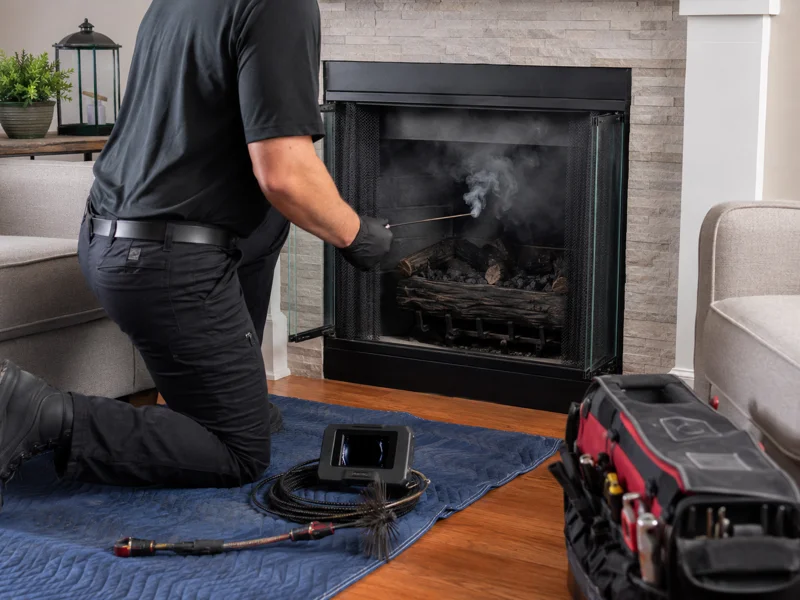 Technician kneeling before a home fireplace using a long brush rod and tools to perform fireplace cleaning