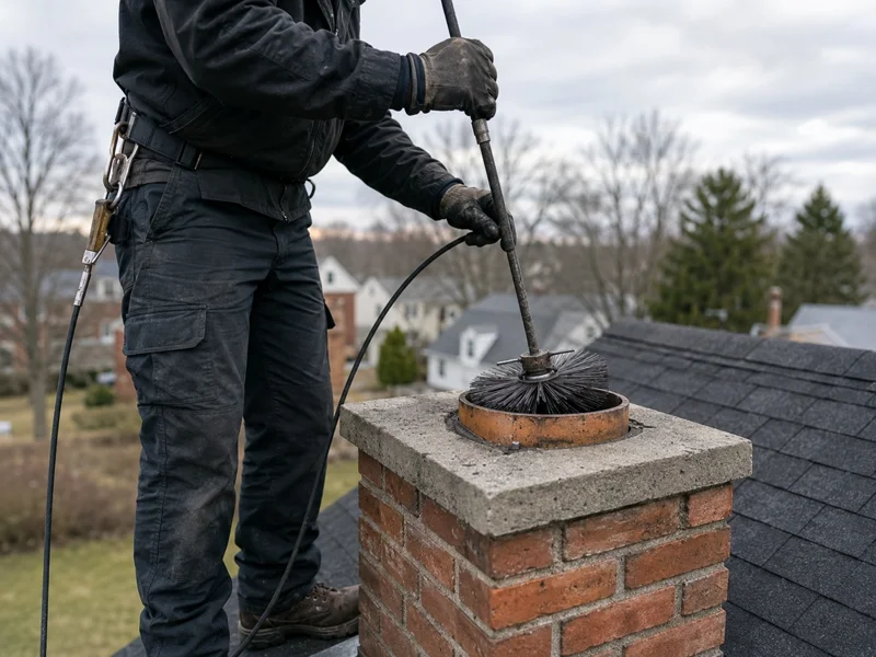 Man performing chimney sweep on brick chimney using rotary brush from rooftop