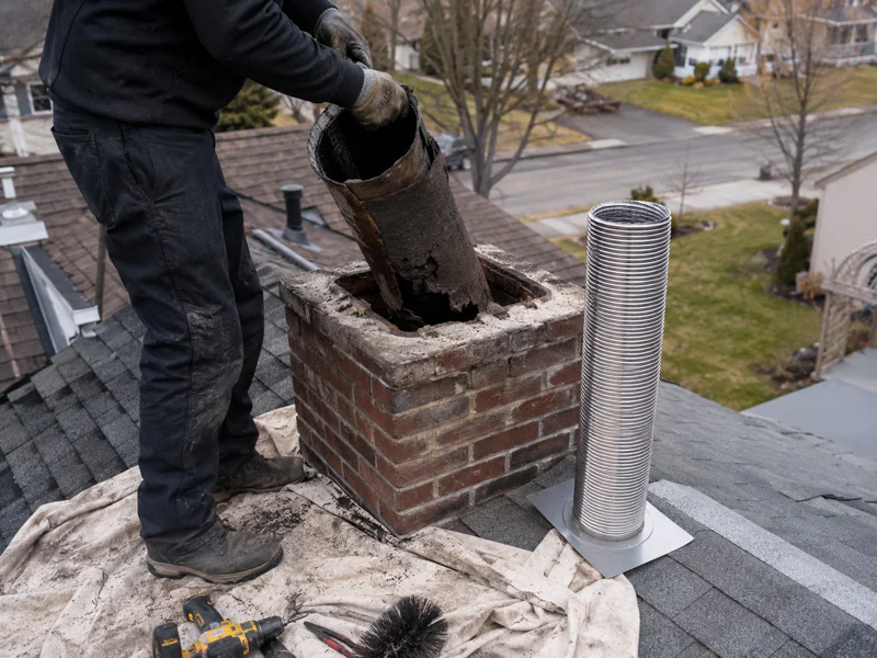 Technician on roof removing old chimney liner during chimney liner replacement with stainless steel liner nearby