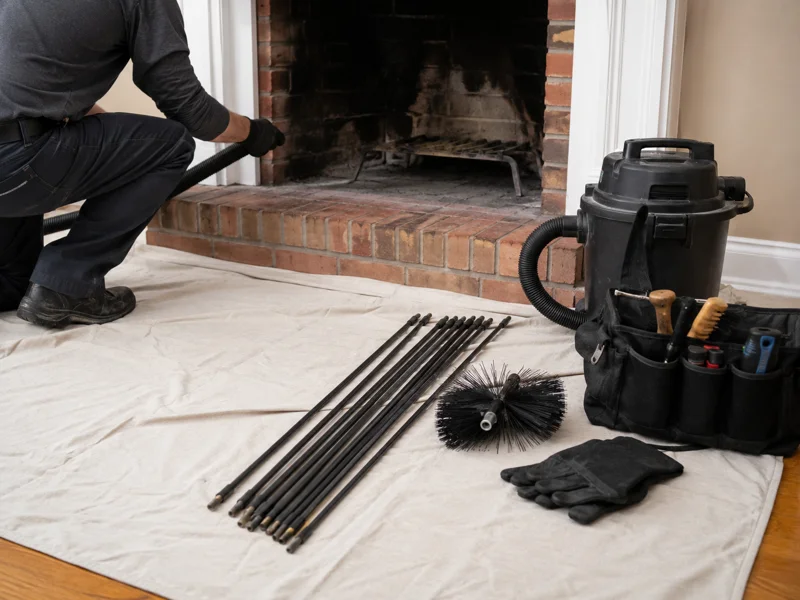 Technician vacuuming brick fireplace with brush rods and vacuum for chimney sweep