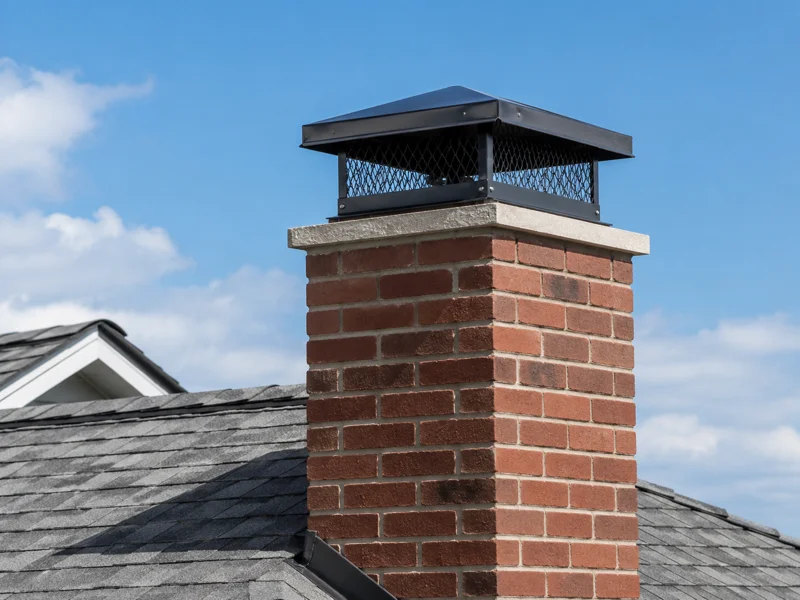 Metal chimney caps installed on brick chimney atop shingled roof