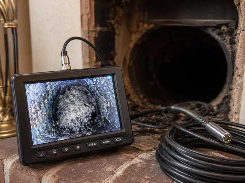 Handheld video monitor and probe showing creosote-lined flue interior for chimney inspection