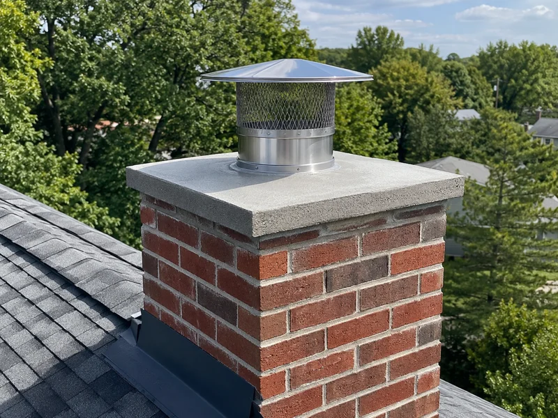 Brick chimney topped with stainless steel mesh cap, illustrating Chimney caps service