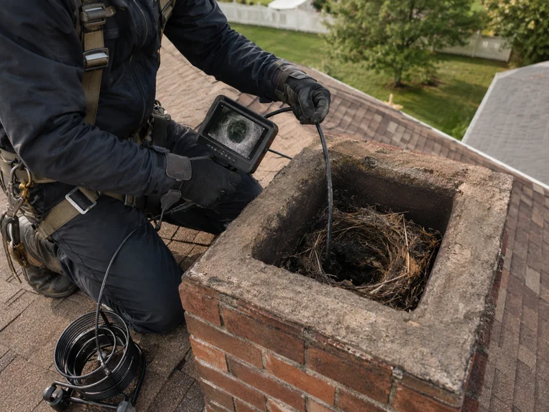Technician on roof using inspection camera to remove bird nest from chimney, Bird nest removal