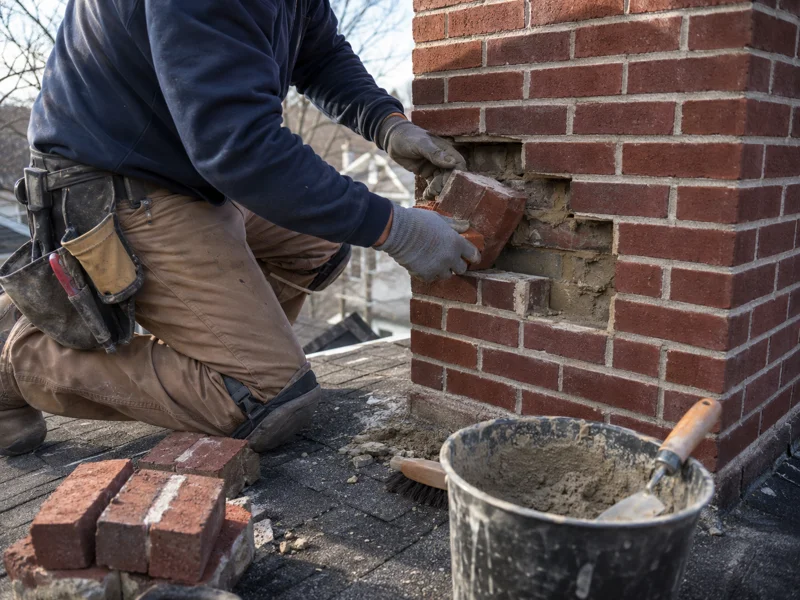 Technician applying mortar to chimney bricks on rooftop for masonry repair