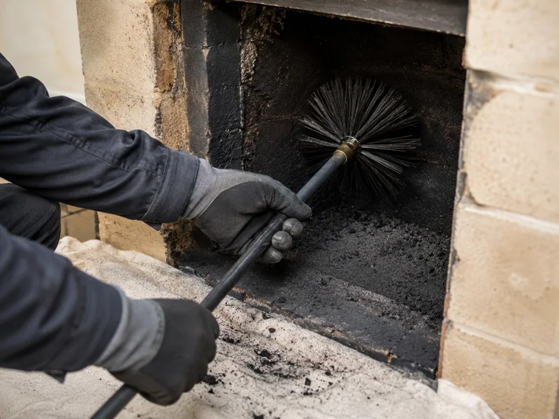 Gloved technician cleaning soot from a brick chimney flue with a rotating brush, Chimney sweep service