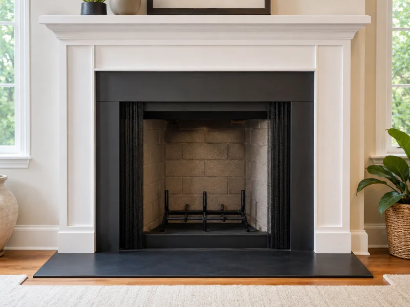 Empty modern fireplace with freshly cleaned black hearth and white mantel after Fireplace cleaning