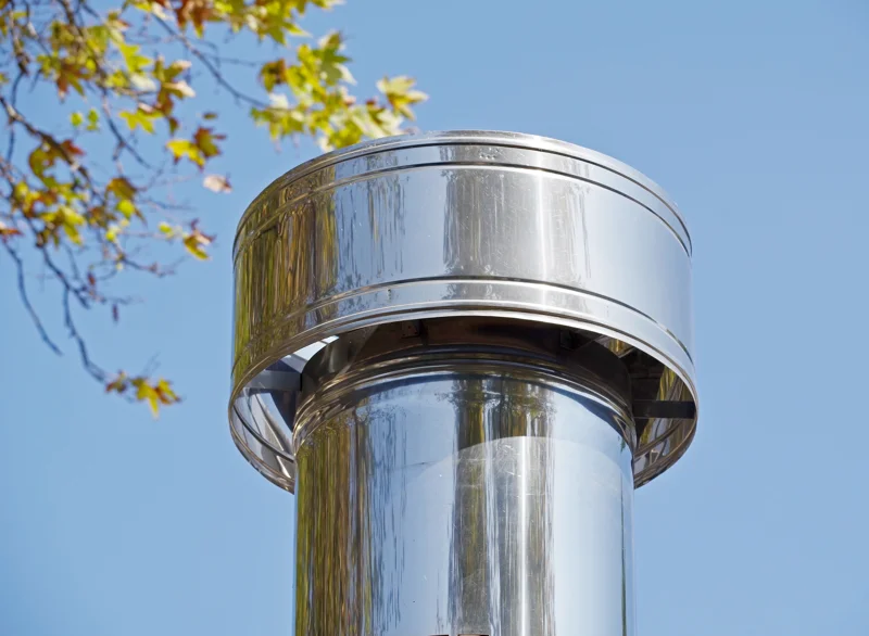 Stainless steel chimney liners with installed chimney caps against clear blue sky
