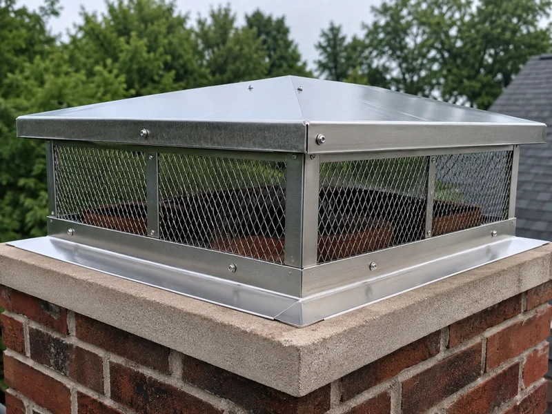 Custom chimney caps: stainless steel cap with mesh animal screen on brick chimney