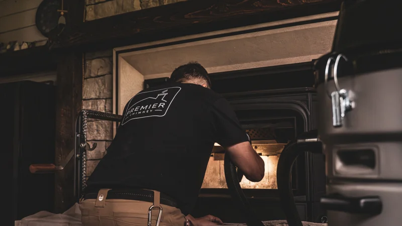 Technician vacuuming soot from fireplace during chimney sweep service
