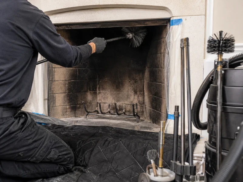 Technician performing fireplace cleaning inside a soot-stained masonry fireplace using extension brush