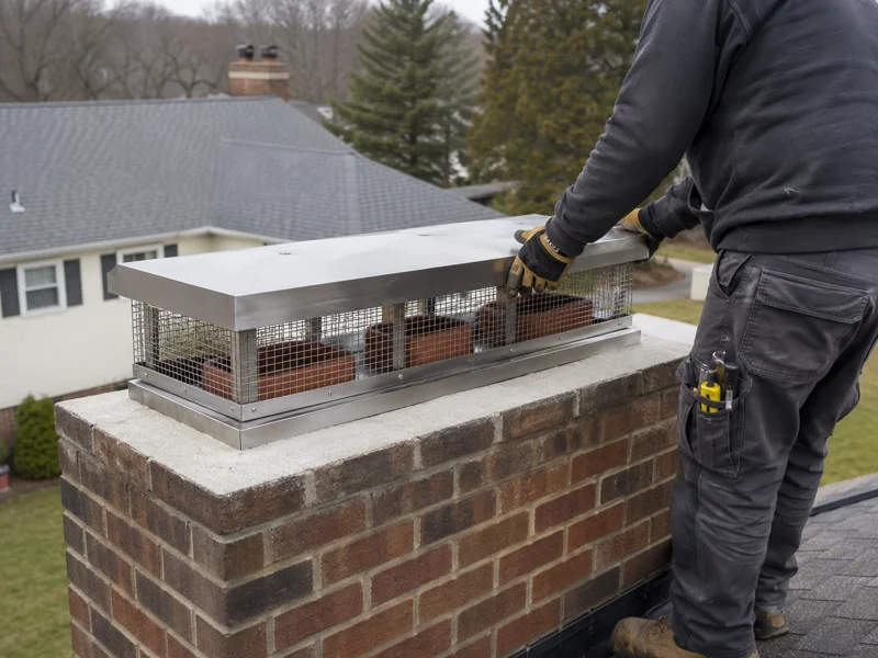 Worker installing stainless steel chimney cap with mesh animal screen on brick chimney top, Chimney caps
