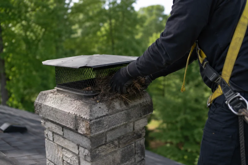 Technician removing debris and bird nest from chimney cap during Bird nest removal on brick chimney top