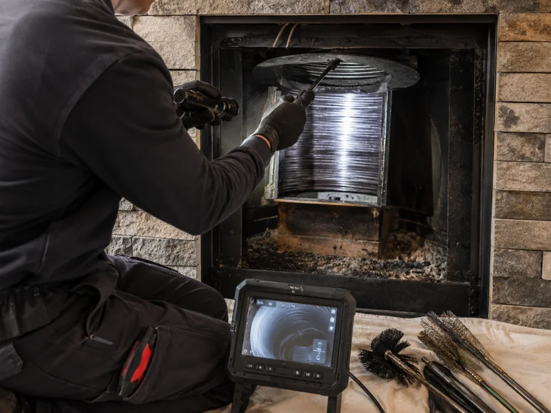Technician using camera inside fireplace flue for chimney inspection, with diagnostic monitor and brushes