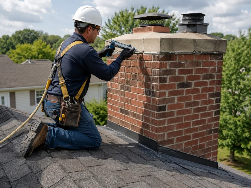 Technician performing crown repair on brick chimney using mortar on roof