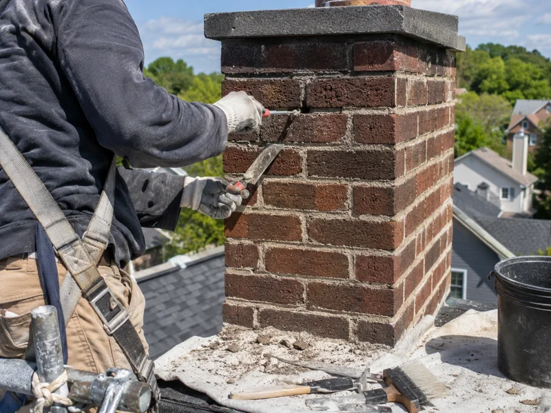 Technician performing chimney tuckpointing on brick chimney with chisel and trowel on rooftop